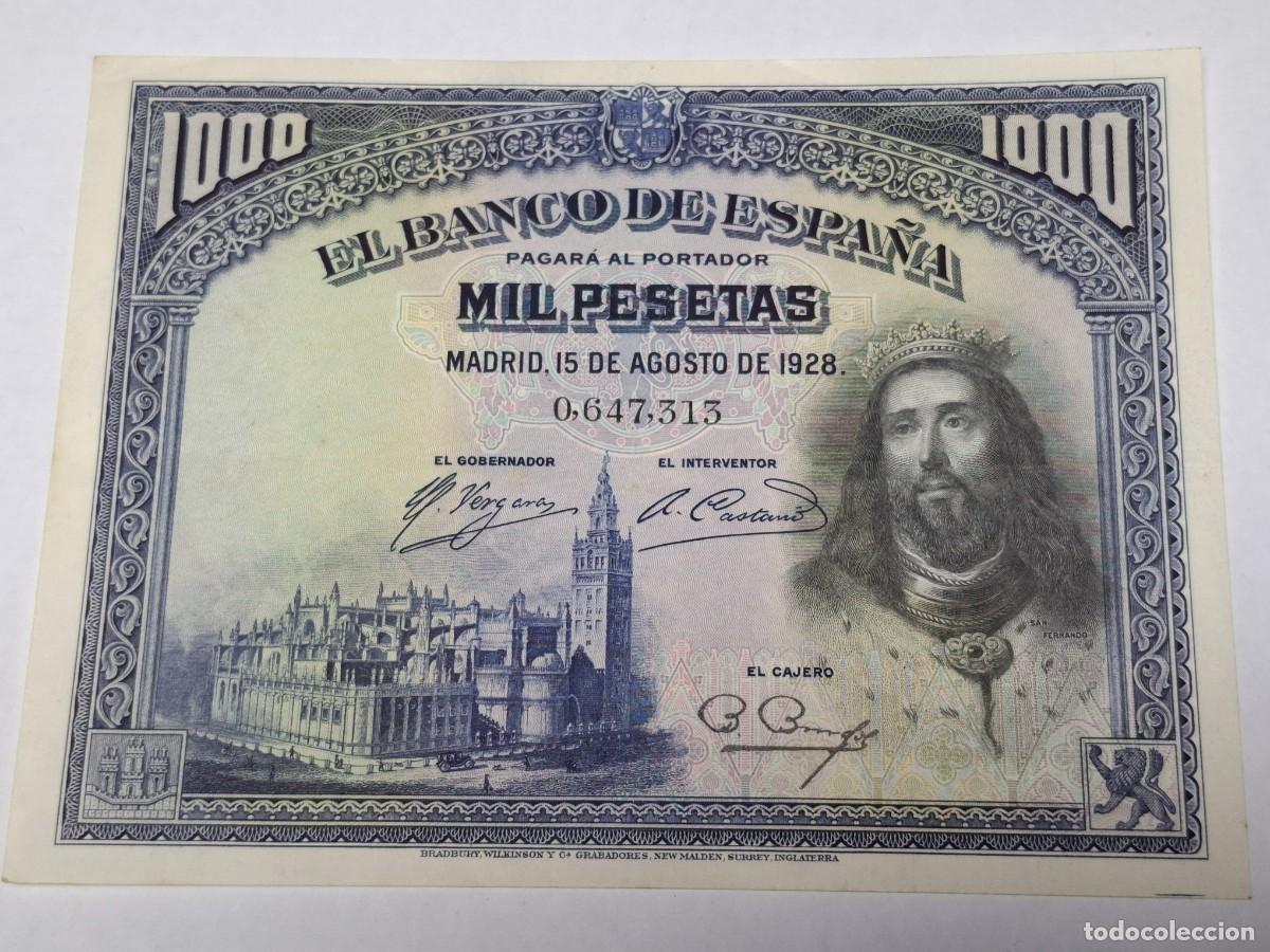 Billetes espa&ntilde;oles: Billete de MIL PESETAS del 15 de Agosto de 1928 BANCO DE ESPA&Ntilde;A, sin serie, en EBC+