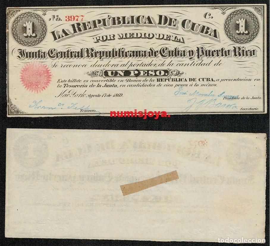 Billetes espa&ntilde;oles: Espa&ntilde;a &eacute;poca colonial BONO de 1 PESO Junta Central Puerto Rico New York a&ntilde;o 1869 n&uacute;mero 3977.