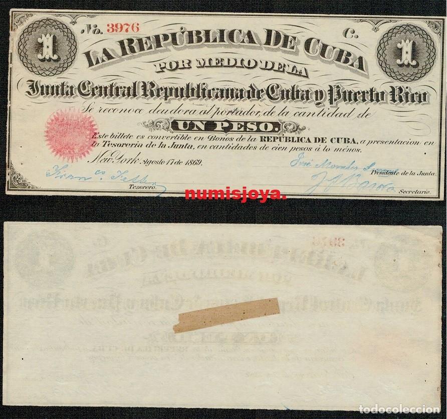 Billetes espa&ntilde;oles: Espa&ntilde;a &eacute;poca colonial BONO de 1 PESO Junta Central Puerto Rico New York a&ntilde;o 1869 n&uacute;mero 3976.