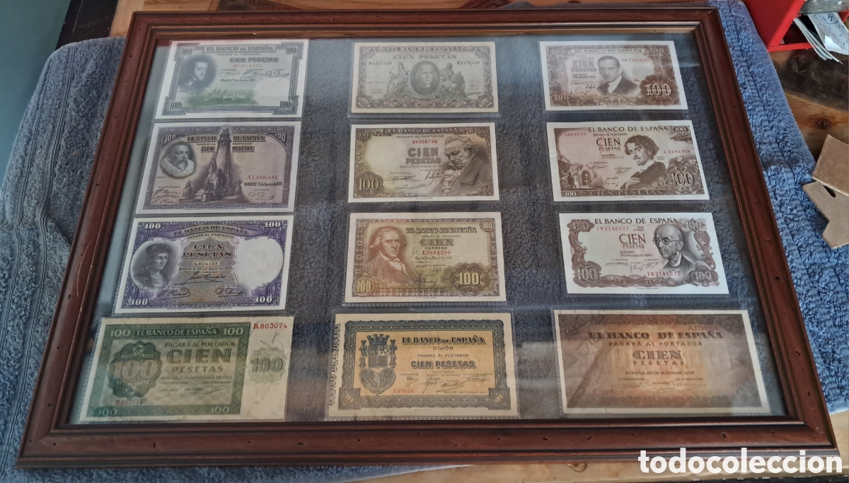 Billetes espa&ntilde;oles: Cuadro con billetes 100 pesetas