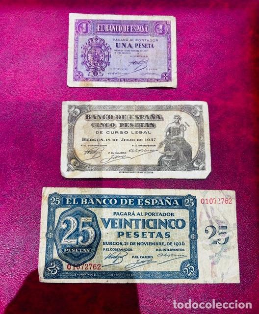 Billetes espa&ntilde;oles: magn&iacute;fico lote de tres billetes PRIORIDAD NACIONAL