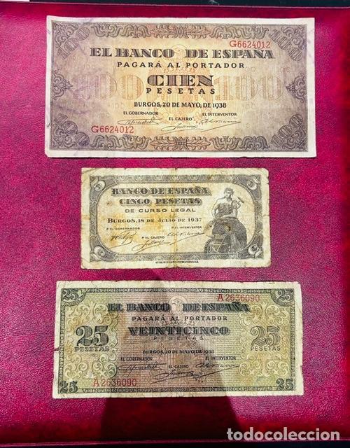 Billetes espa&ntilde;oles: magn&iacute;fico lote de tres billetes PRIORIDAD NACIONAL