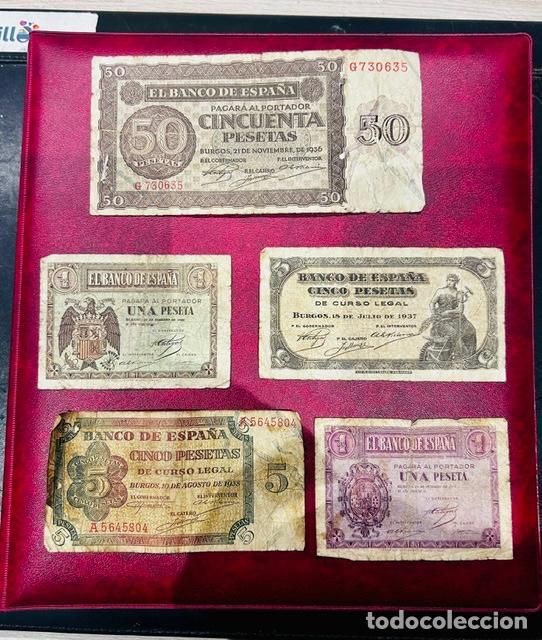 Billetes espa&ntilde;oles: magn&iacute;fico lote de CINCO billetes PRIORIDAD NACIONAL