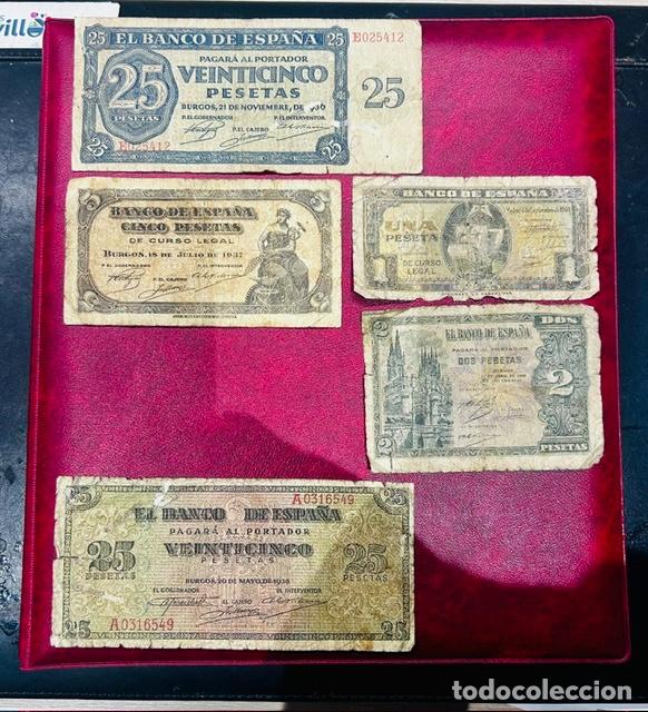 Billetes espa&ntilde;oles: magn&iacute;fico lote de CINCO billetes PRIORIDAD NACIONAL