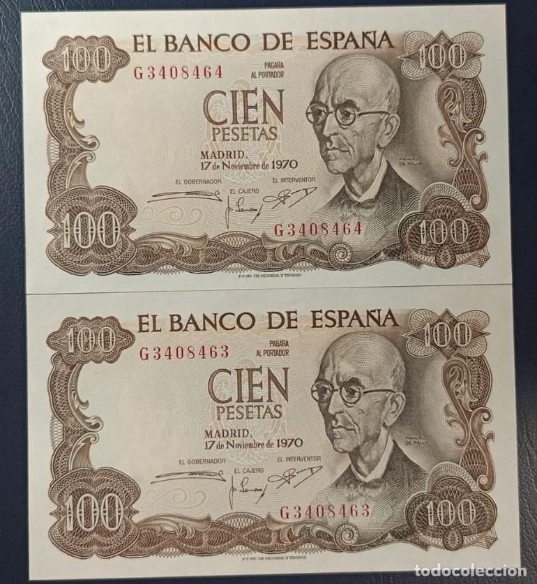 Billetes espa&ntilde;oles: PAREJA DE BILLETES DE 100 PESETAS BANCO DE ESPA&Ntilde;A MADRID 17 DE NOVIEMBRE DE 1970 ( BSP311 )