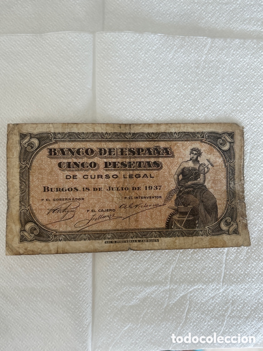 Billetes espa&ntilde;oles: 5 pesetas Burgos 1937