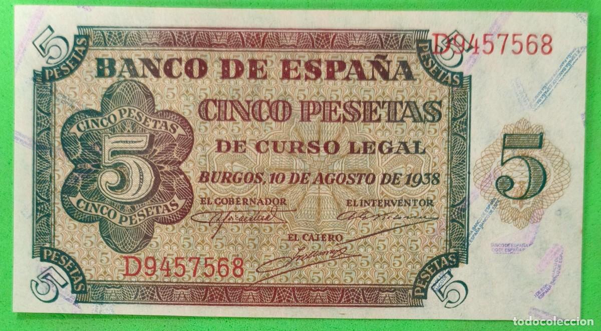 Billetes espa&ntilde;oles: EDIFIL 435a. 5 PTAS 10 DE AGOSTO 1938 SERIE D SIN CIRCULAR.