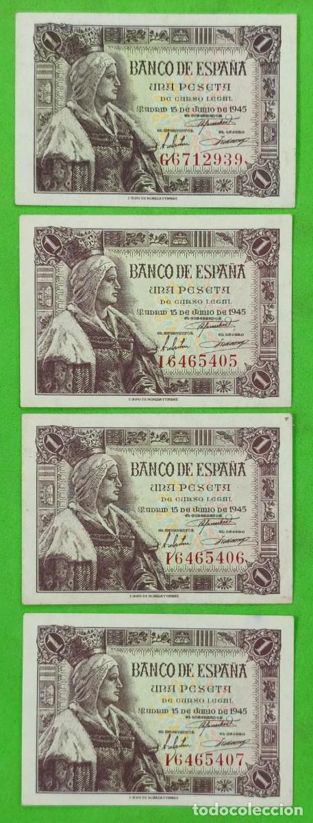 Billetes espa&ntilde;oles: ESPA&Ntilde;A.EDIFIL448a. 1 PTA 15 DE JUNIO 1945. LOTE DE 4 BILLETES. CONSERVACI&Oacute;N EBC+