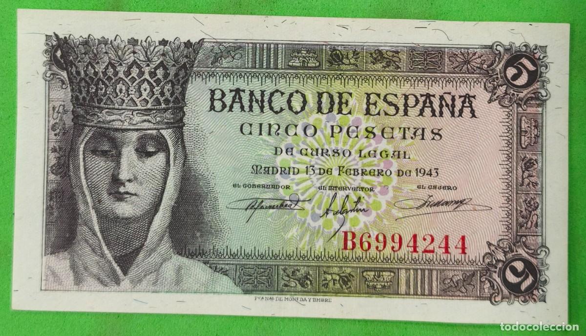 Billetes espa&ntilde;oles: ESPA&Ntilde;A. EDIFIL 446a. 5 PTAS 13 DE FEBRERO 1943 SERIE B. CONSERVACI&Oacute;N EBC