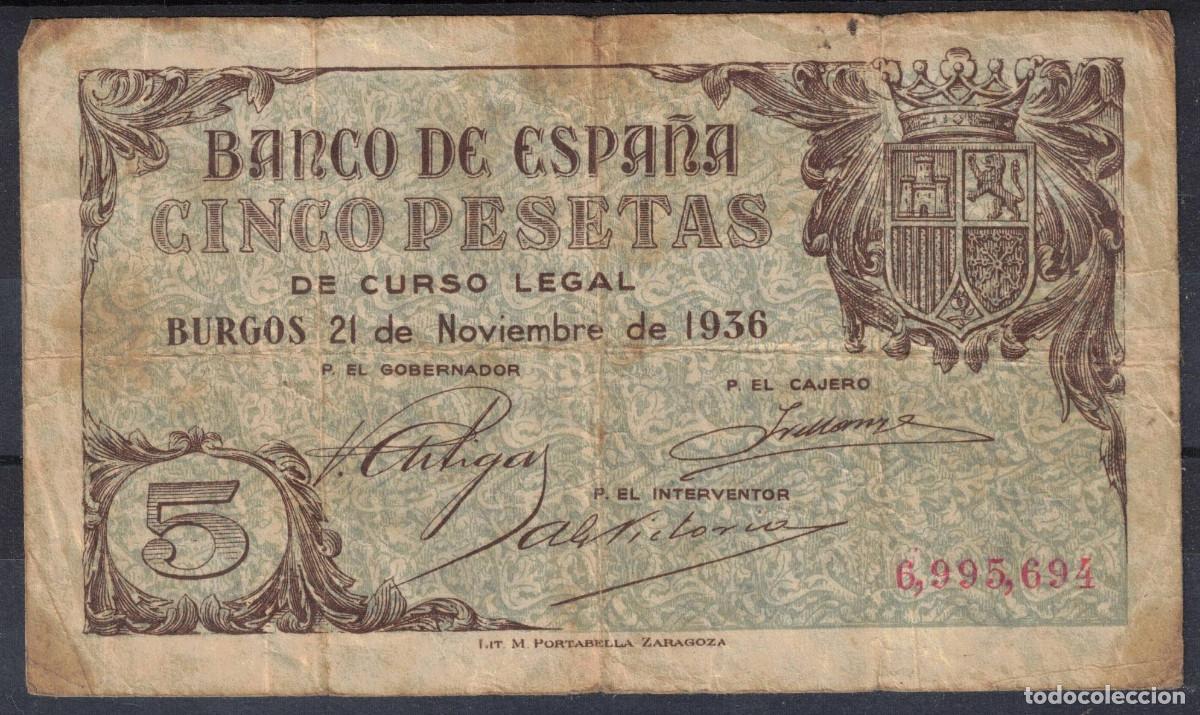 Billetes espa&ntilde;oles: BILLETE ESPA&Ntilde;A 5 PESETAS BURGOS 1936 - SIN SERIE - MUY RARO