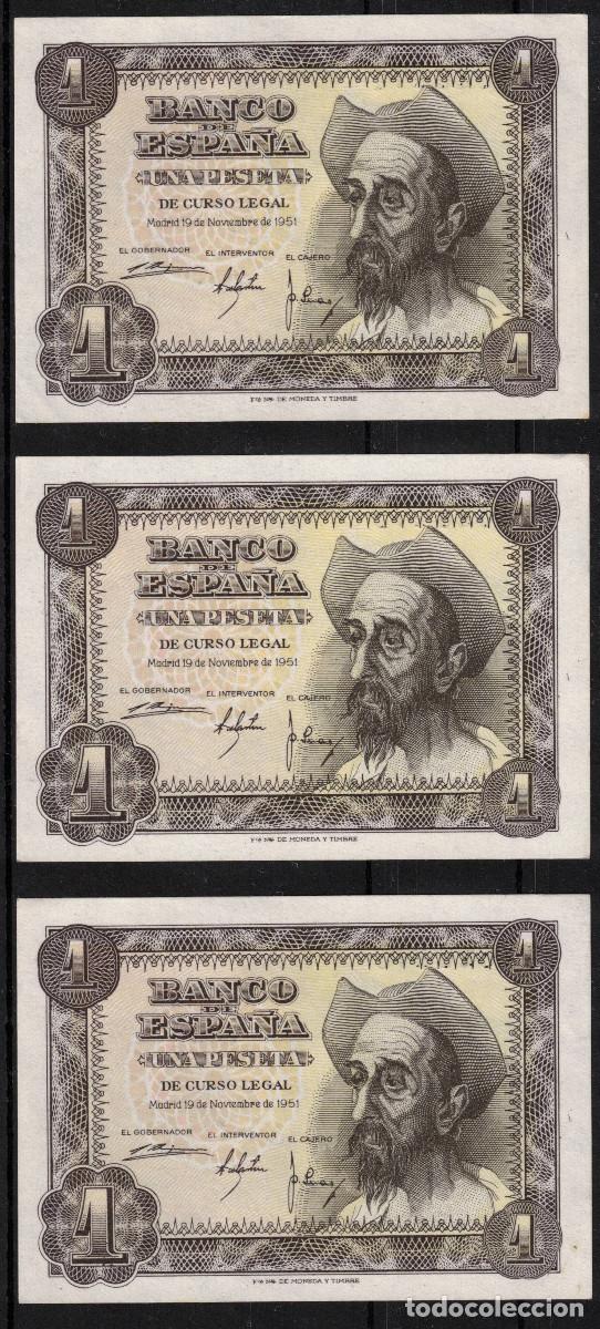 Billetes espa&ntilde;oles: ESPA&Ntilde;A BILLETES TRIO CORRELATIVO 1 PESETA 1951 QUIJOTE - SERIE G - SIN CIRCULAR