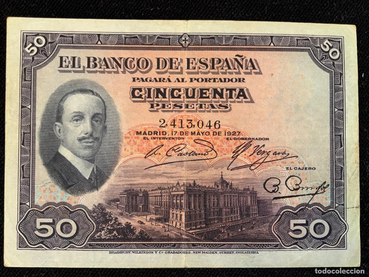 Billetes espa&ntilde;oles: 50 pesetas de 1927, Alfonso XIII, sin sello de la republica. Mbc a mbc-