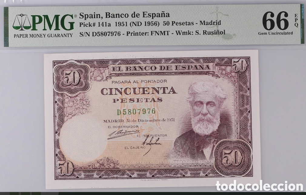 Billetes espa&ntilde;oles: Billete 50 PESETAS 1951 -RUSI&Ntilde;OL- PMG 66 EPQ, serie D, serie NO EMITIDA, sin firma del cajero