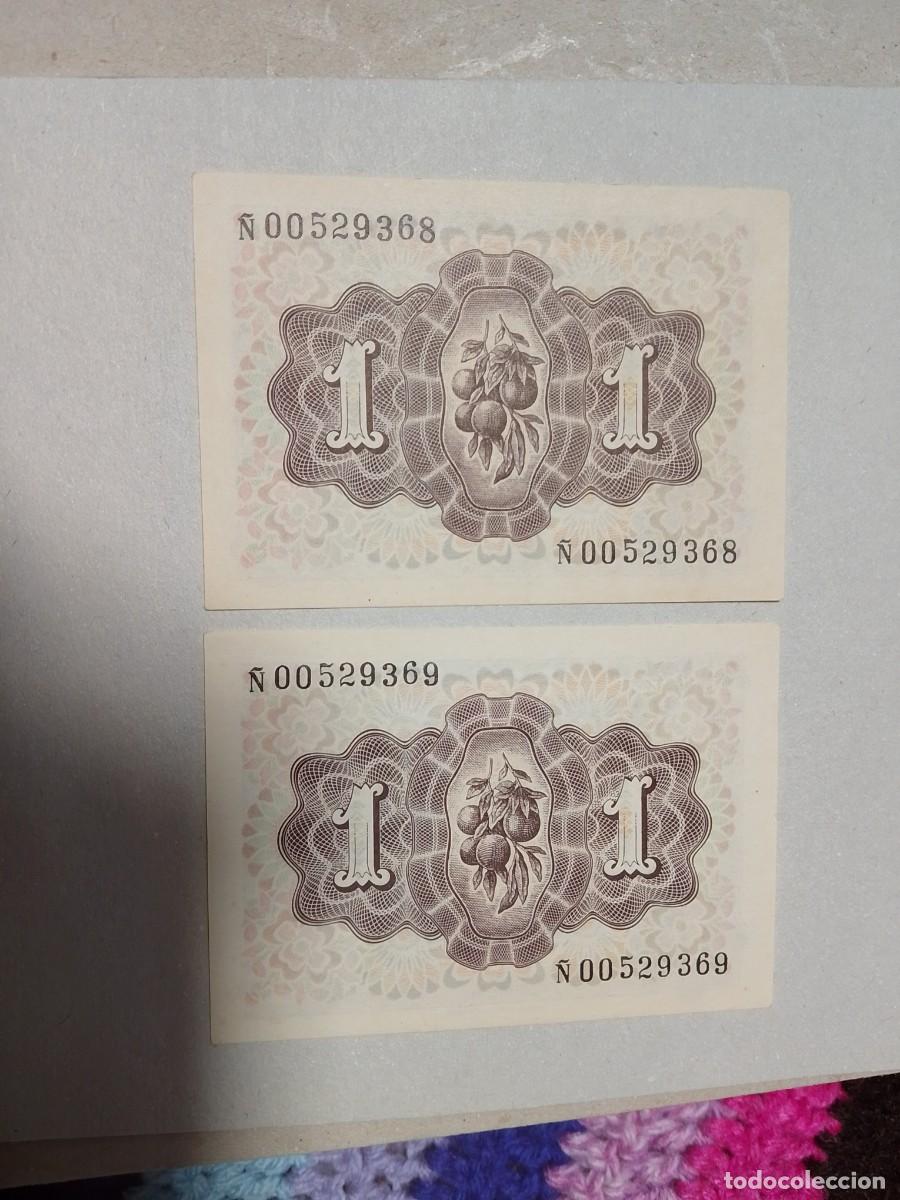 Billetes espa&ntilde;oles: Pareja correlativa, 1 pts 1948 serie &Ntilde;, n&uacute;mero bajisimo, sin circular