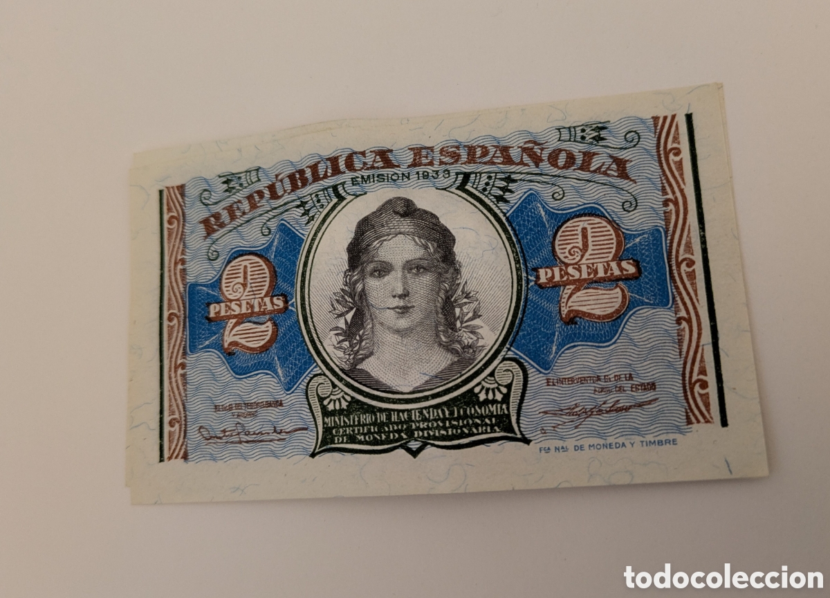Billetes espa&ntilde;oles: Billete 2 pts. Rep&uacute;blica espa&ntilde;ola 1938.