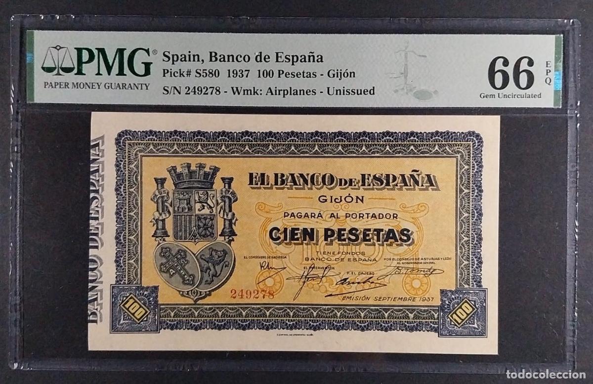 Billetes espa&ntilde;oles: 100 PESETAS GIJ&Oacute;N 1937 PMG 66 EPQ CERTIFICADO SIN CIRCULAR