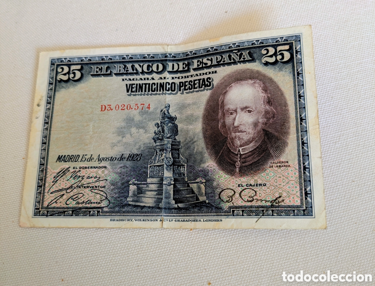 Billetes espa&ntilde;oles: Billete 25 pesetas 1928. Calder&oacute;n de la barca