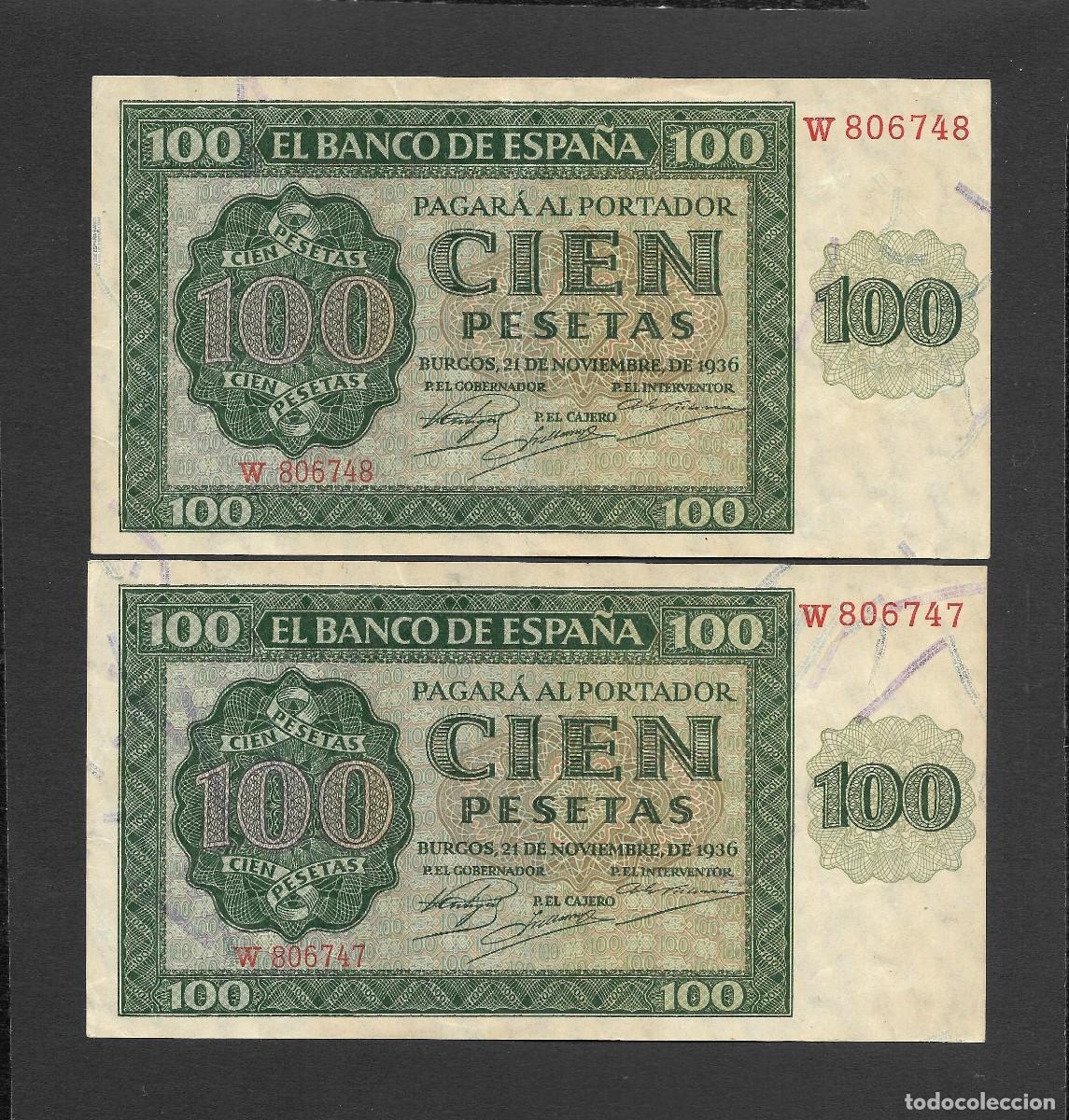 Billetes espa&ntilde;oles: PAREJA CORRELATIVA 100 PESETAS 1936 SERIE W EBC-