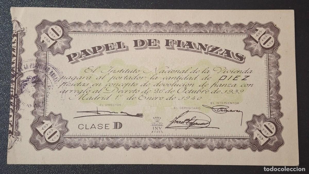 Billetes espa&ntilde;oles: ESPA&Ntilde;A 10 Pesetas Papel de Fianzas 1940 P.10a (EBC+)