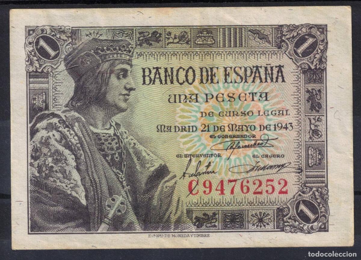 Billetes espa&ntilde;oles: BILLETE ESPA&Ntilde;A 1 PESETA 1943 FERNANDO EL CATOLICO - SERIE C - MBC+