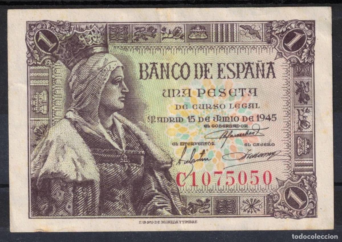 Billetes espa&ntilde;oles: BILLETE ESPA&Ntilde;A 1 PESETA 1945 ISABEL LA CATOLICA - SERIE C - EBC-