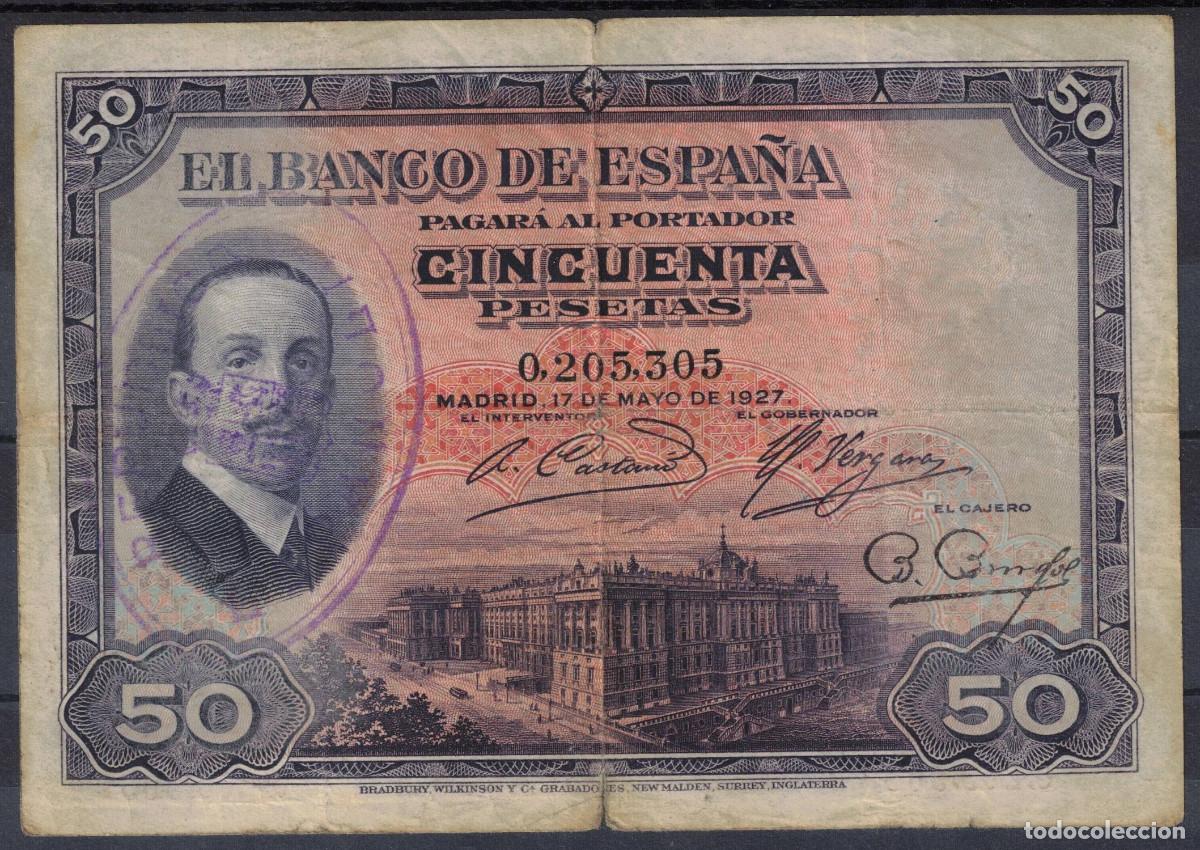 Billetes espa&ntilde;oles: BILLETE ESPA&Ntilde;A 50 PESETAS 1927 ALFONSO XIII CON RESELLO - SIN SERIE