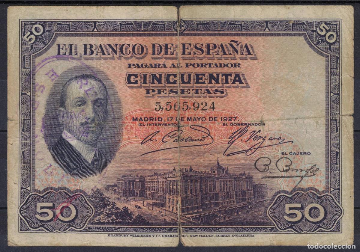 Billetes espa&ntilde;oles: BILLETE ESPA&Ntilde;A 50 PESETAS 1927 ALFONSO XIII CON RESELLO - SIN SERIE