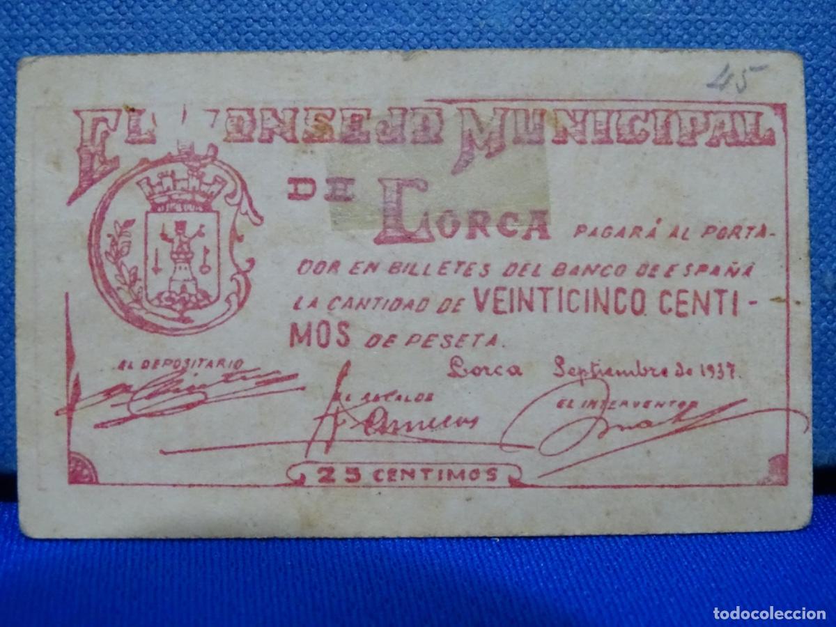 Billetes espa&ntilde;oles: BILLETE CONSEJO MUNICIPAL DE LORCA 25 CENTIMOS.