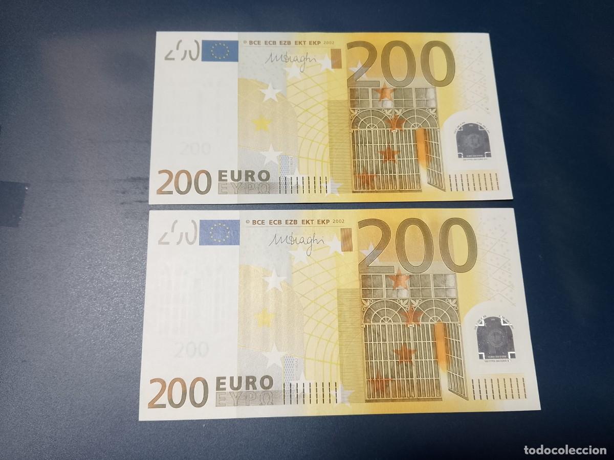 Billetes espa&ntilde;oles: Pareja correlativa, 200 euros de la tercera firma Draghi, xf+/aUNC