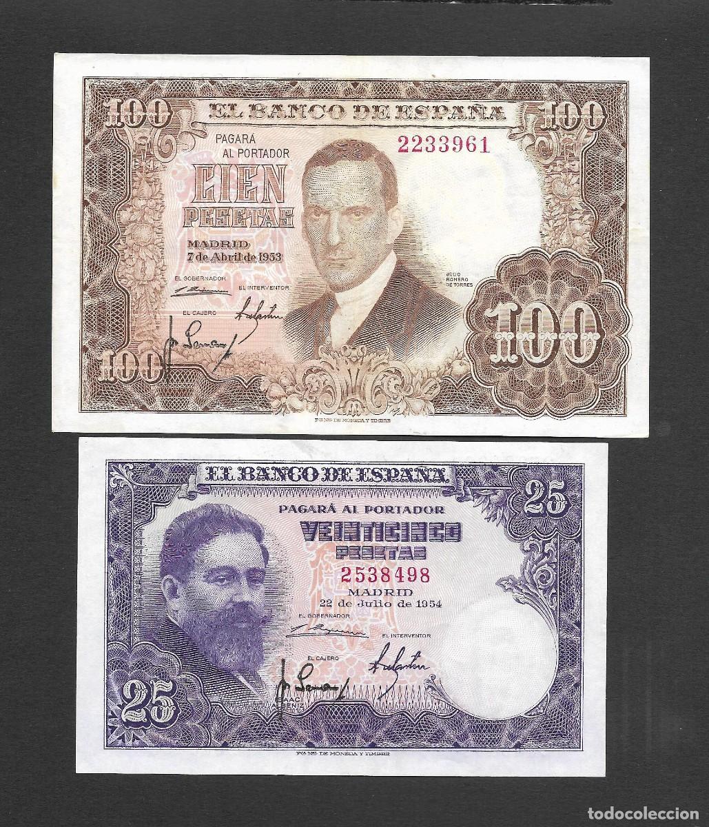 Billetes espa&ntilde;oles: 2 BILLETES 25-100 PESETAS 1953/1954 SIN SERIE MBC+/EBC