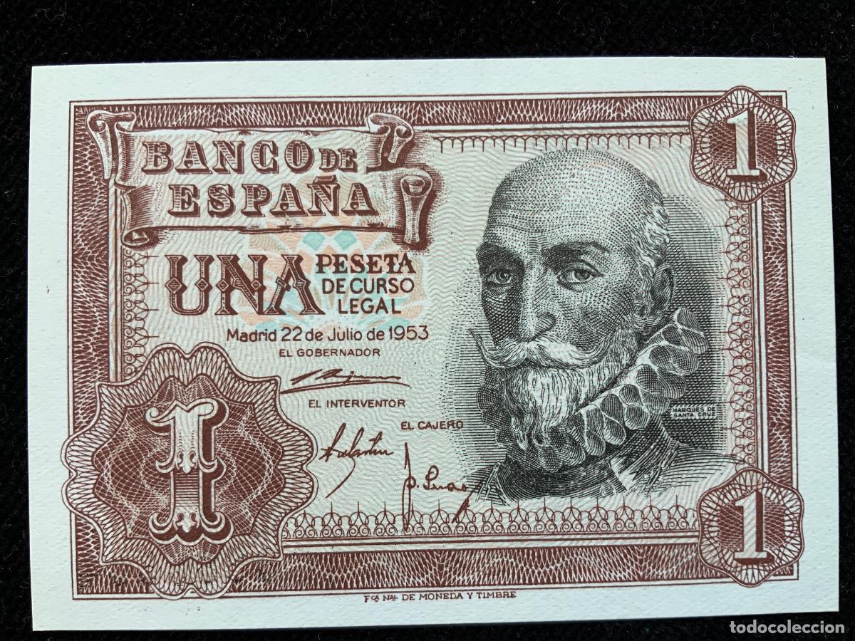 Billetes espa&ntilde;oles: Billete de 1 peseta 1953, sc, marques de santa cruz.