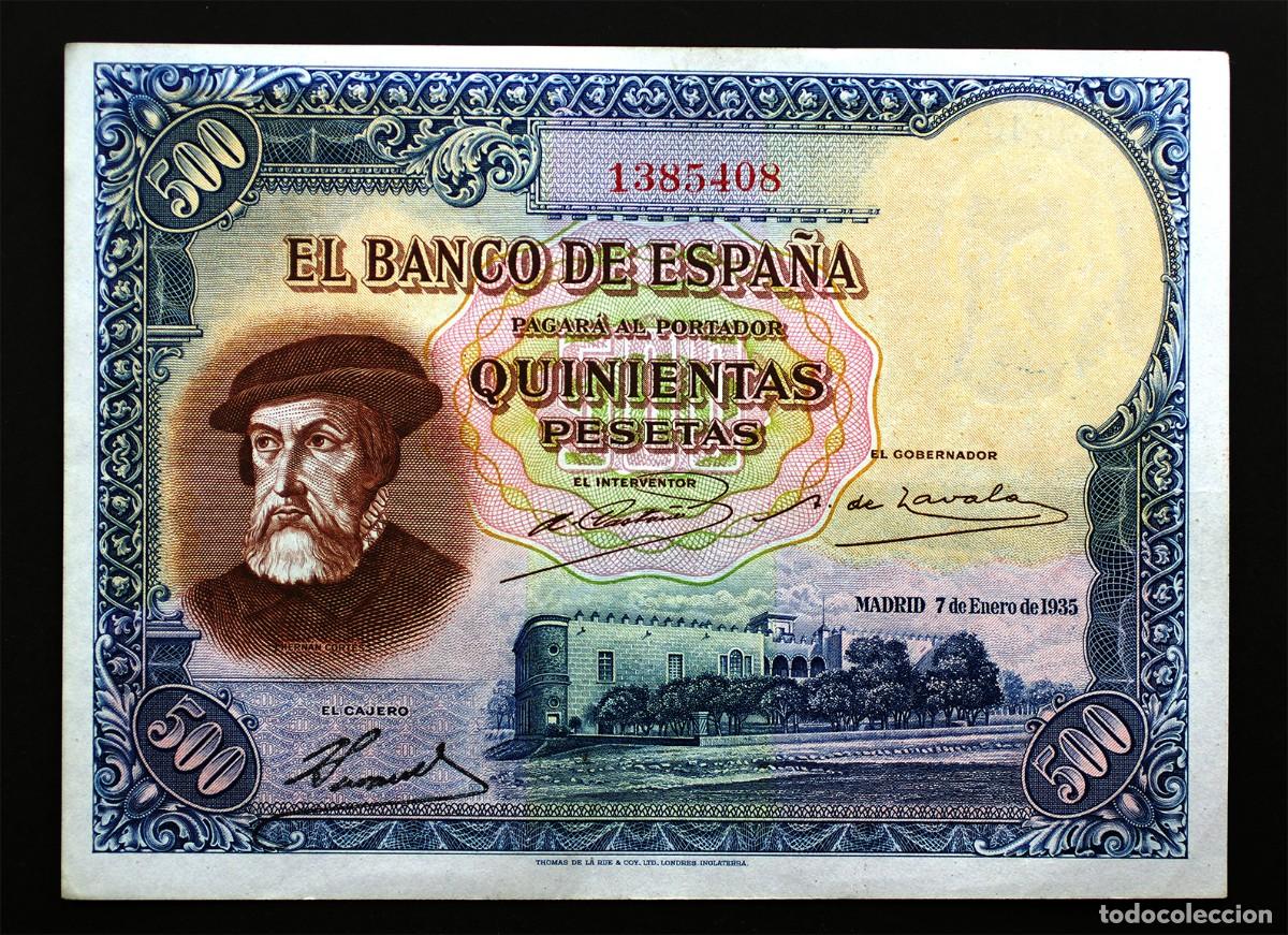 Billetes espa&ntilde;oles: SC. Spain-500 Pesetas de 1935. Hern&aacute;n Cort&eacute;s . Sin serie. EBC/EBC+. Raro
