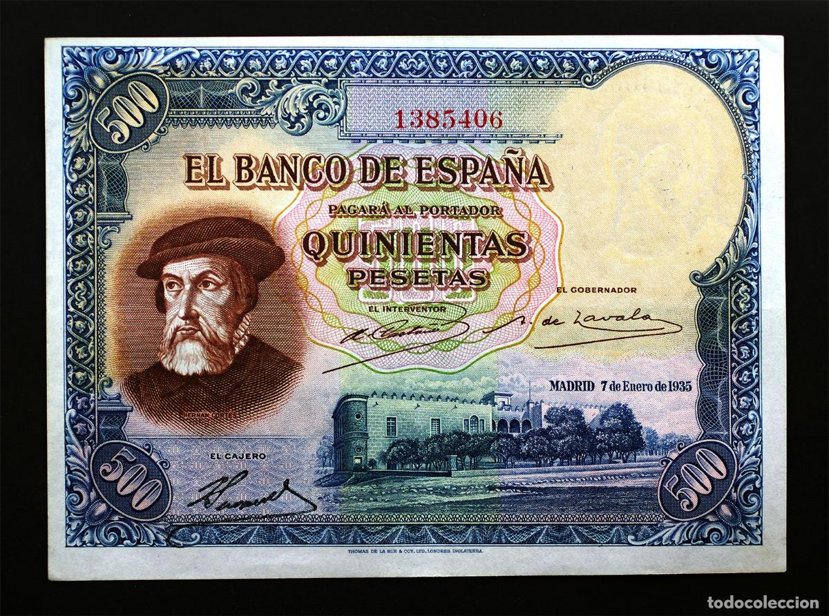 Billetes espa&ntilde;oles: SC. Spain-500 Pesetas de 1935. Hern&aacute;n Cort&eacute;s . Sin serie. EBC/EBC+. Raro
