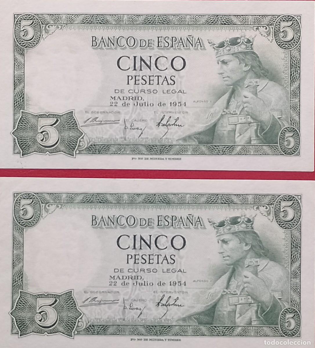 Billetes espa&ntilde;oles: PAREJA DE BILLETES DE 5 PESETAS 1954 ALFONSO X S/C