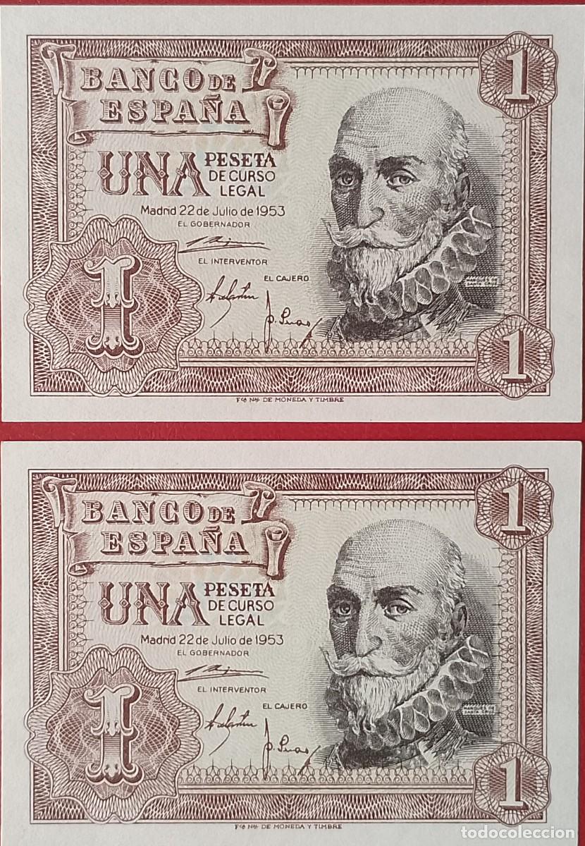 Billetes espa&ntilde;oles: PAREJA DE BILLETES DE 1 PESETA 1953 MARQUES DE SANTA CRUZ S/C