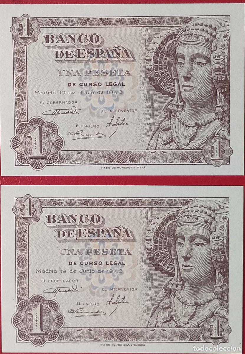Billetes espa&ntilde;oles: PAREJA DE BILLETES DE 1 PESETA 1948 DAMA DE ELCHE S/C