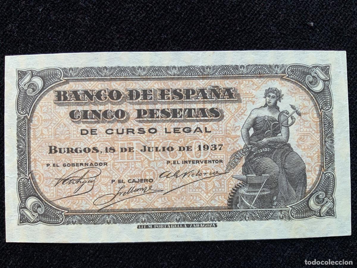 Billetes espa&ntilde;oles: Escaso billete de 5 pesetas 1937, Burgos. Ebc.