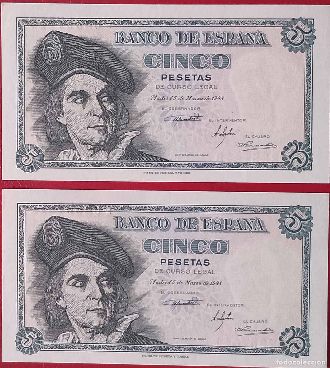 Billetes espa&ntilde;oles: PAREJA DE BILLETES DE 5 PESETAS 1948 ELCANO S/C