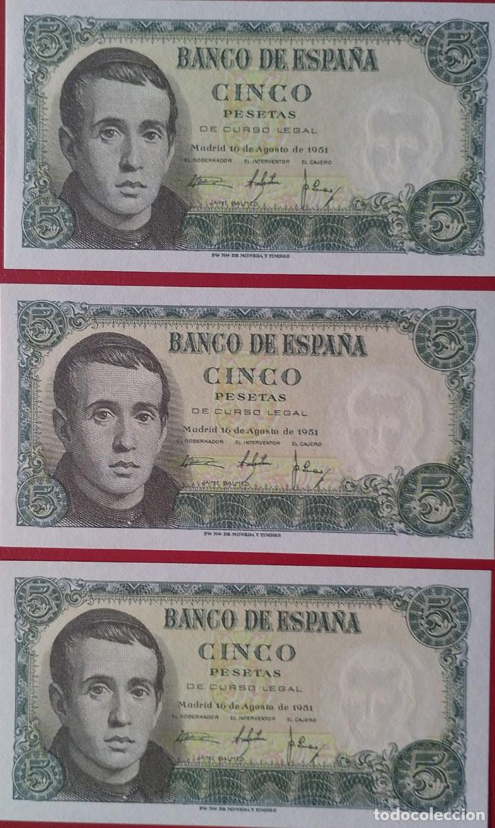 Billetes espa&ntilde;oles: TRIO DE BILLETES DE 5 PESETAS 1951 BALMES S/C