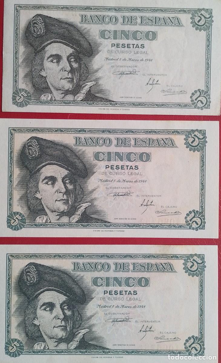 Billetes espa&ntilde;oles: TRIO DE BILLETES DE 5 PESETAS 1948 ELCANO S/C-