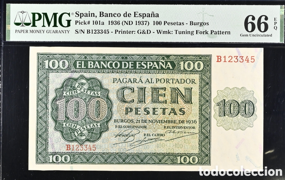 Billetes espa&ntilde;oles: Billete 100 PESETAS 1936 -BURGOS- PMG 66 EPQ, serie B