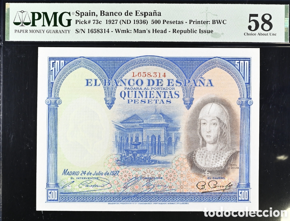 Billetes espa&ntilde;oles: Billete 500 PESETAS 1927 -ISABEL LA CAT&Oacute;LICA- PMG 58
