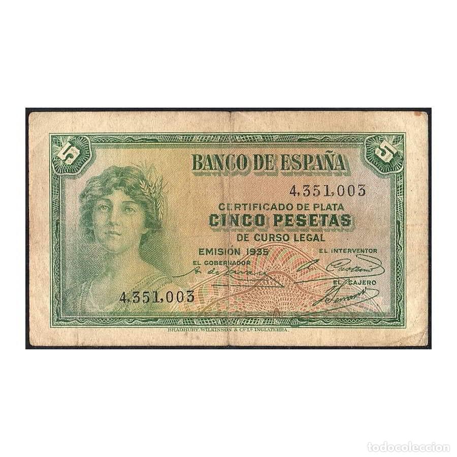 Billetes espa&ntilde;oles: Espa&ntilde;a 1935 [BLL] 5 Pts. Certificado de Plata. II Rep&uacute;blica (BC-)