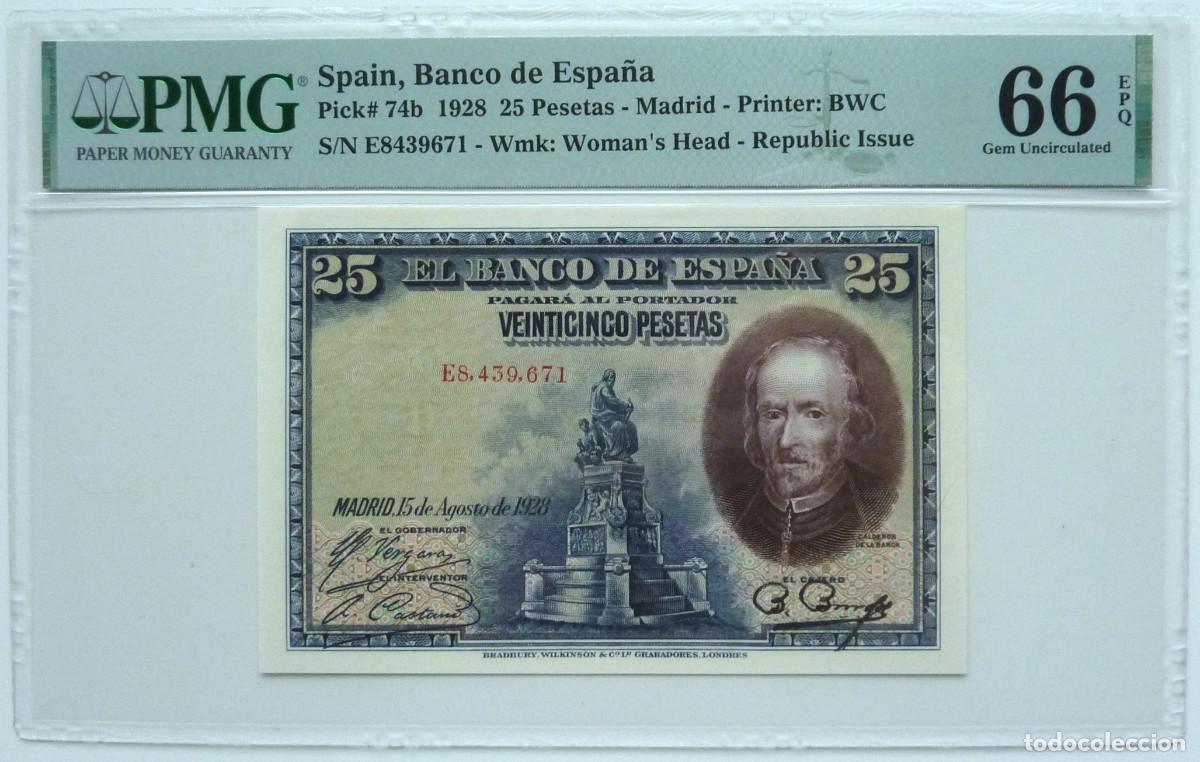Billetes espa&ntilde;oles: SPAIN 25 PESETAS 1928 &bull; P 74 b &bull; PMG 66 GEM UNC serie E