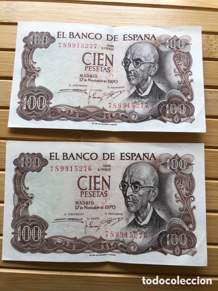 Billetes espa&ntilde;oles: DOS BILLETES 100 PESETAS CORRELATIVOS. 17 NOVIEMBRE 1970. MANUEL DE FALLA. SERIE 7S Sin circular ASM
