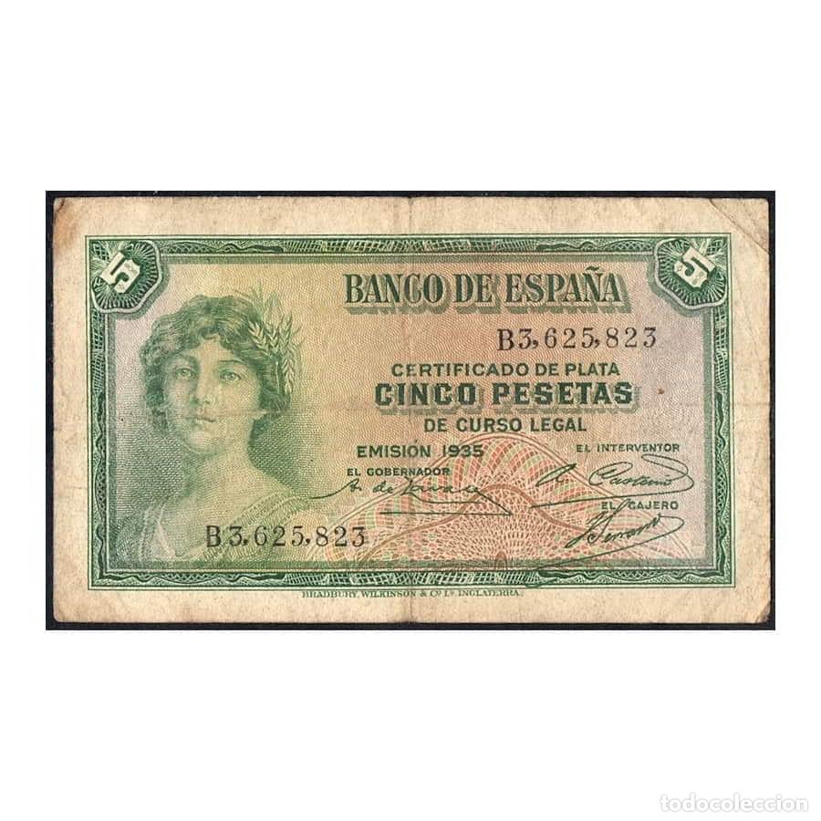 Billetes espa&ntilde;oles: Espa&ntilde;a 1935 [BLL] 5 Pts. Certificado de Plata. II Rep&uacute;blica (BC-)