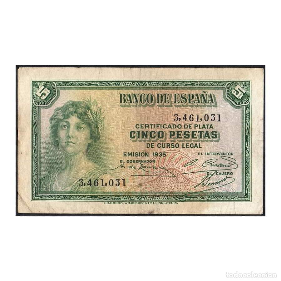 Billetes espa&ntilde;oles: Espa&ntilde;a 1935 [BLL] 5 Pts. Certificado de Plata. II Rep&uacute;blica (BC)