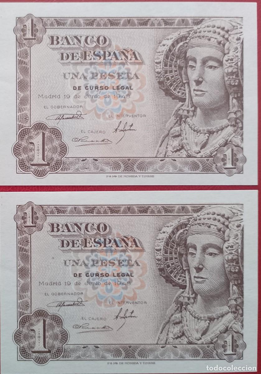 Billetes espa&ntilde;oles: PAREJA DE BILLETES DE 1 PESETA 1948 DAMA DE ELCHE S/C