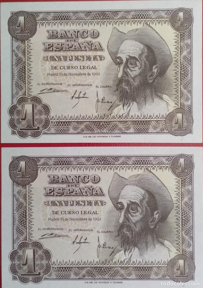 Billetes espa&ntilde;oles: PAREJA DE BILLETES DE 1 PESETA 1951 DON QUIJOTE S/C