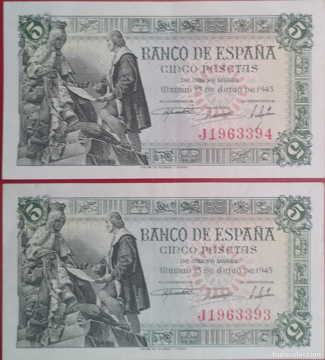 Billetes espa&ntilde;oles: PAREJA DE BILLETES DE 5 PESETAS 1945 CAPITULACIONES S/C